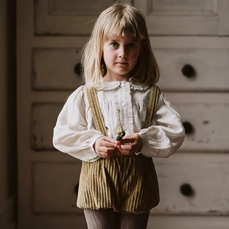 Mädchen Retro Spleißen Spitze Baumwolle Leinen Shirts Herbst Neue Revers Puppe Strickjacke Süße Und Niedliche Baby Mädchen Langarm bluse Tops – Detail 11