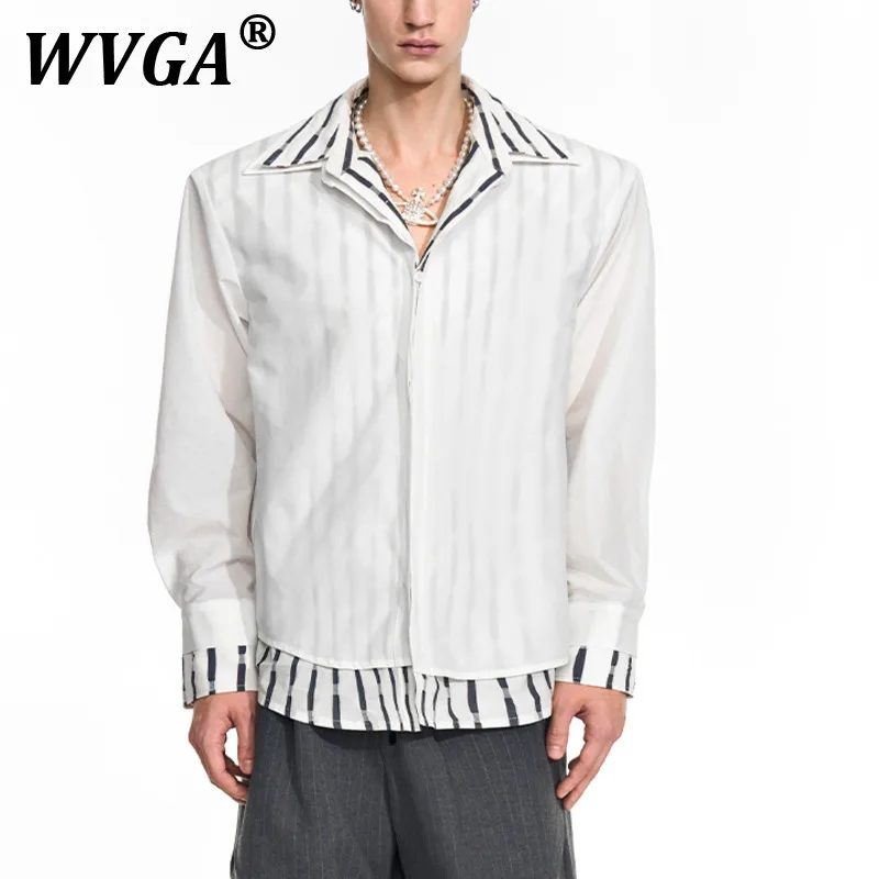 

WVGA Tops Spring Autumn New Man Tide Striped Patchwork Fake Two-Piece Trendy Design Double Collar Padded Shoulder Shirts W11458