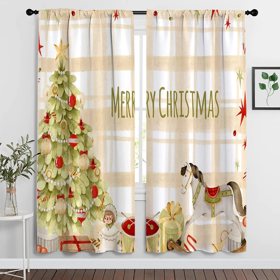 2PCS Christmas Curtains, Vintage Tree Rocking Horse Doll Toys Beige Plaid, Digital Print, for Kids Room Playroom Window Decor