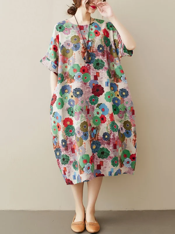 Ropa holgada de lino y algodón Dr round Ne ort Sve de longitud media para mujer, ropa de verano de talla grande, adelgazante, reductor de edad