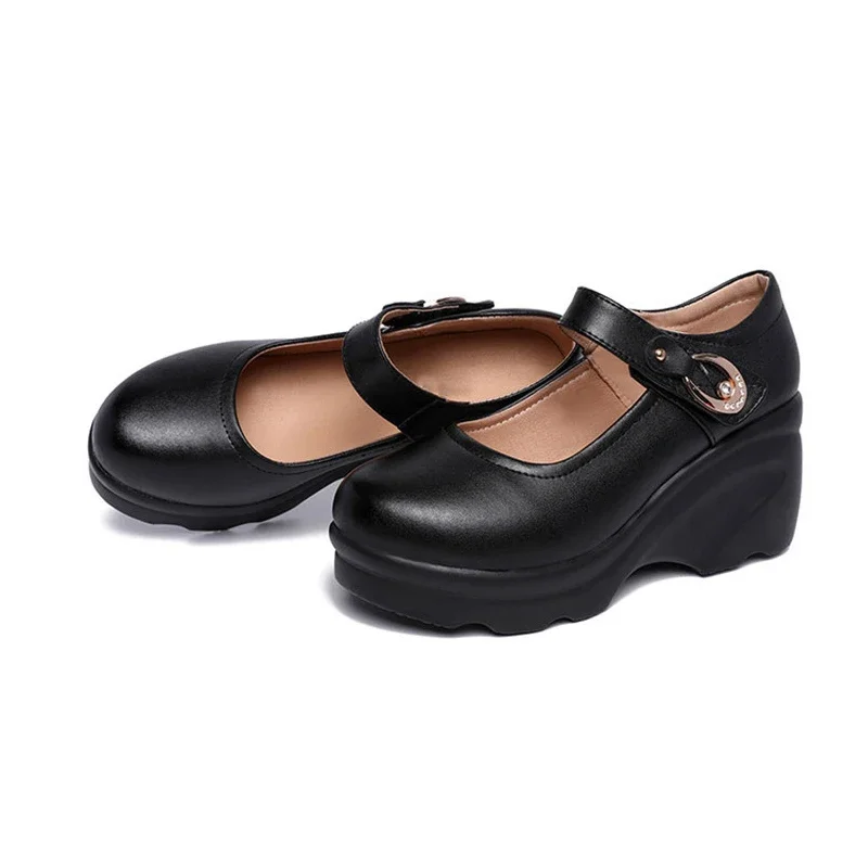 TIMETANGSplit zapatos de escalada de cuero zapatos de plataforma zapatos de tacón de mujer primavera otoño tacones altos cuñas zapatos para mujer trabajo negro