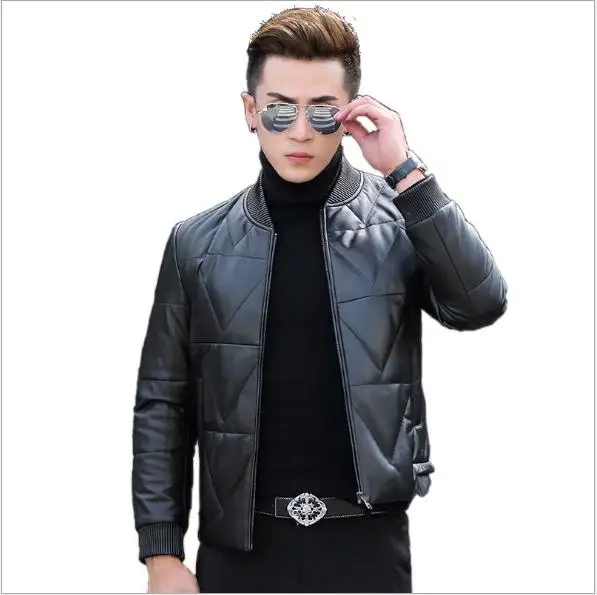 

YR!Free shipping.winter warm sheepskin jacket.mens baseball style leather jackets,2019 90% white duck down genuine leather coat,