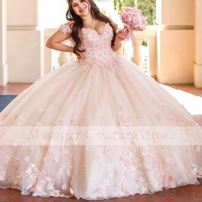 

2022 Princess Quinceanera Dresses Baby Pink Appliques Off Shoulder Sweetheart 16 Celebrity Dress Vestidos De Quinceañera