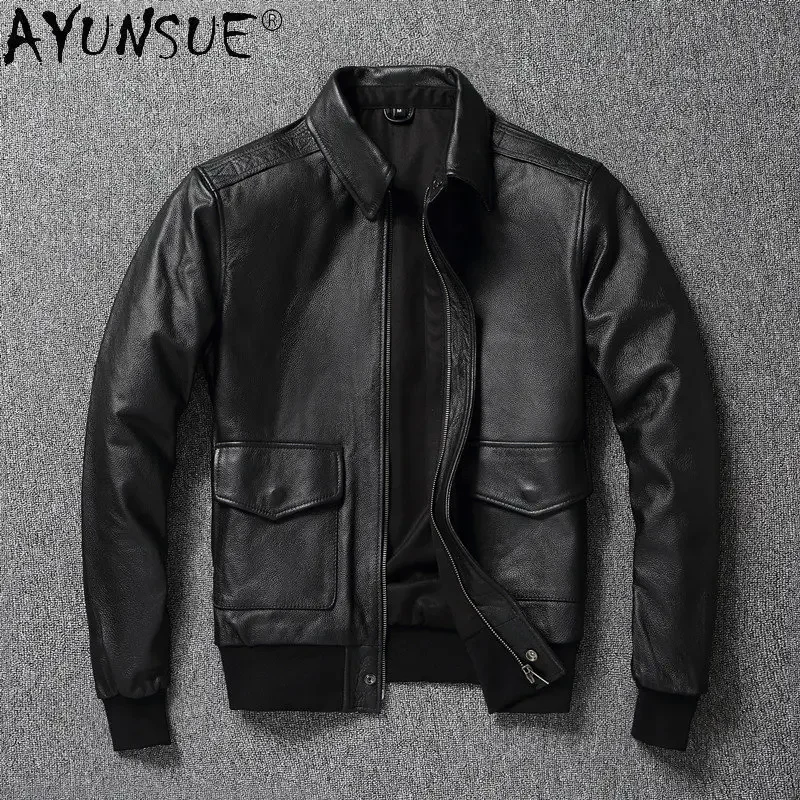 

AYUNSUE Genuine Leather Jacket Men Autumn Real Cow Leather Jackets Motorcycle Leather Coat Flight Suit Jaqueta Masculina SGG998