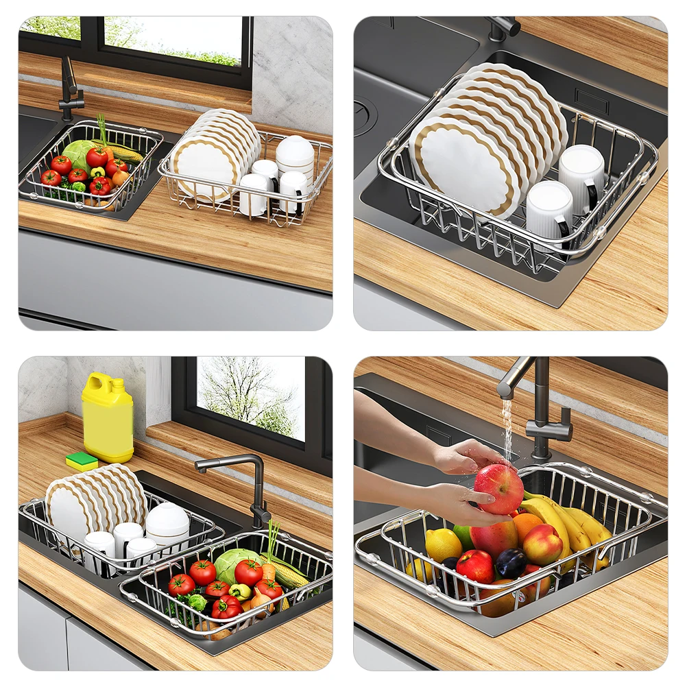 

Stainless Steel Kitchen Storage Rack 304 Medium Sink Basket Expandable Dish Rack Large Capacity Water Drain Holder