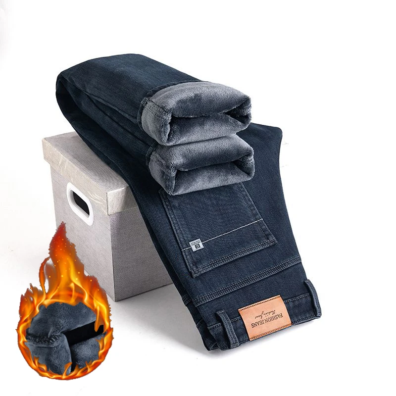 2026 Winter New Men Thickened Warm Jeans Male Business Causal Windproof Pants Classic Loose Straight Leg Denim Trousers