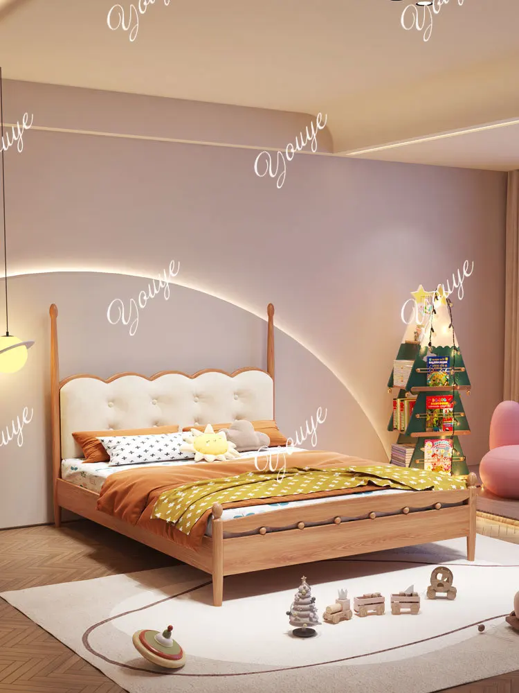 Biscuit bed Red oak solid wood children's bed Nordic velvet fabric soft bag children's bed Teen bedroom