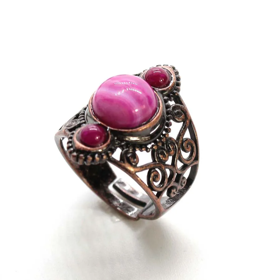 Charms Vintage Hollowed Flower Three-Stone Healing Crystal Rings For Women Men Natural Amethyst Adjustable Finger Ring Jewelry