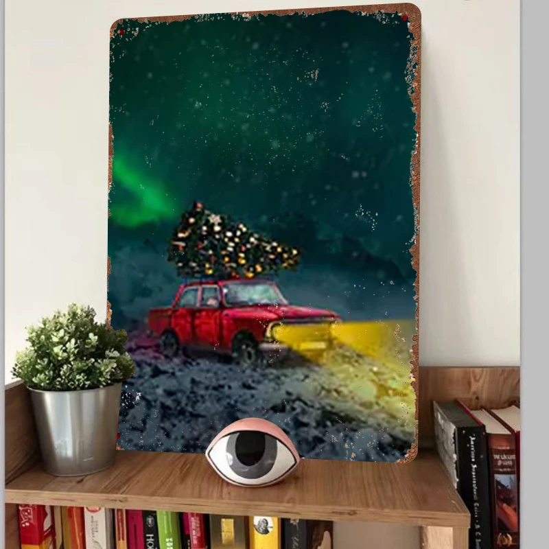 Red Pickup Truck with Christmas Tree Aurora Snow Mountain Metal Iron Painting Home Wall Decor