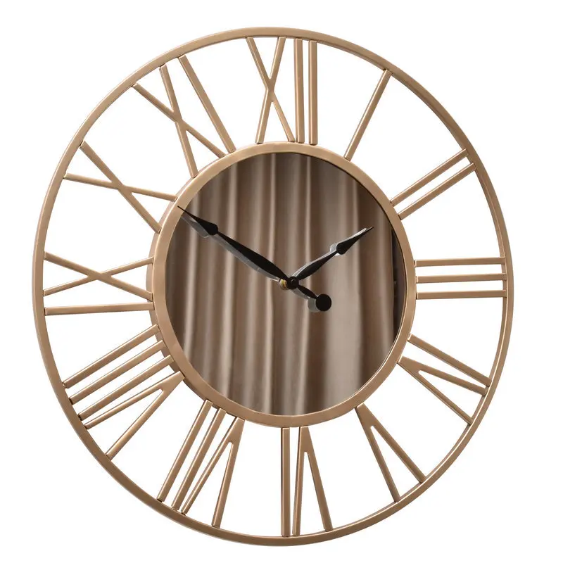 Creative art: wrought iron wall clock, living room wall decoration, quartz clock, mirror, vintage clock, Roman large wall watch