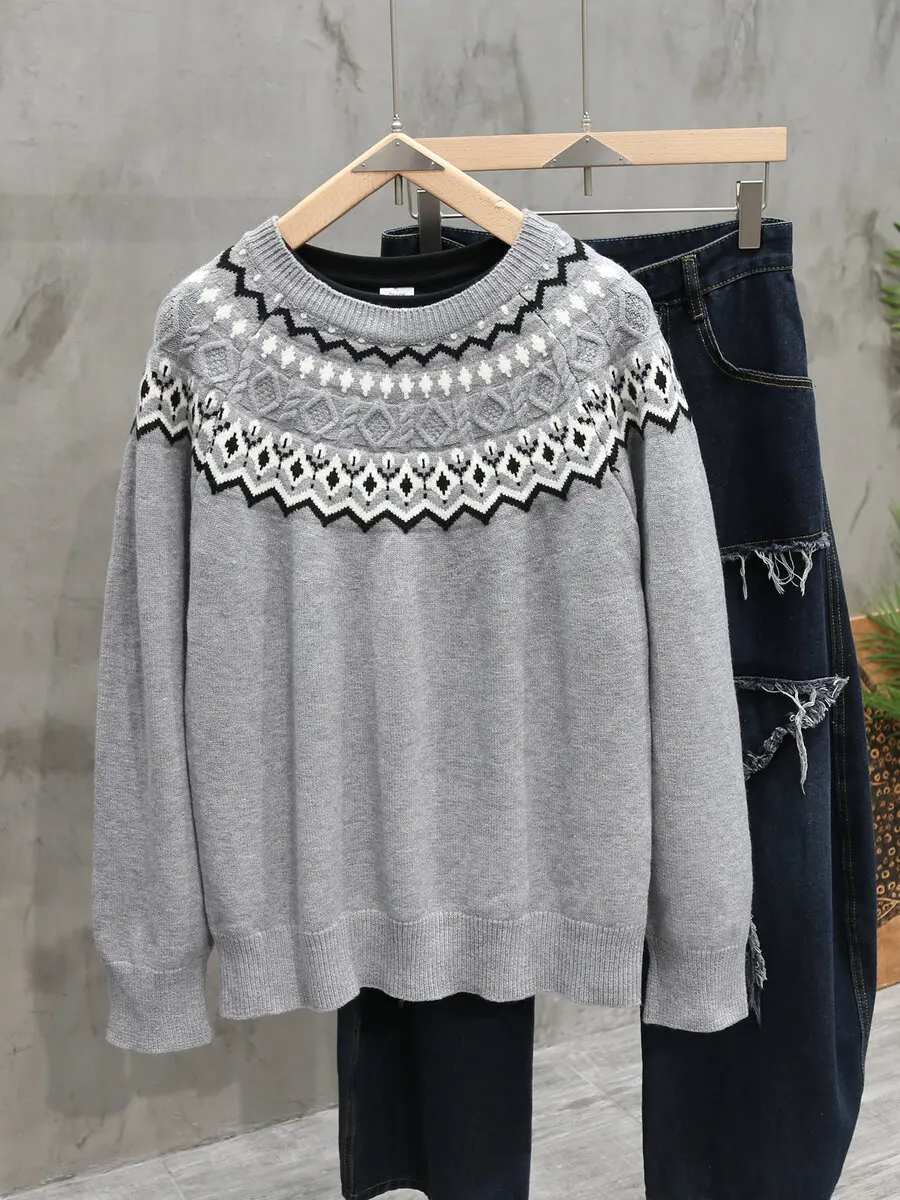 

Вязаный свитер в этническом стиле в стиле ретро, круглый пуловер Ne Pullover ex College Sle, универсальный трикотаж, повседневный длинный све...