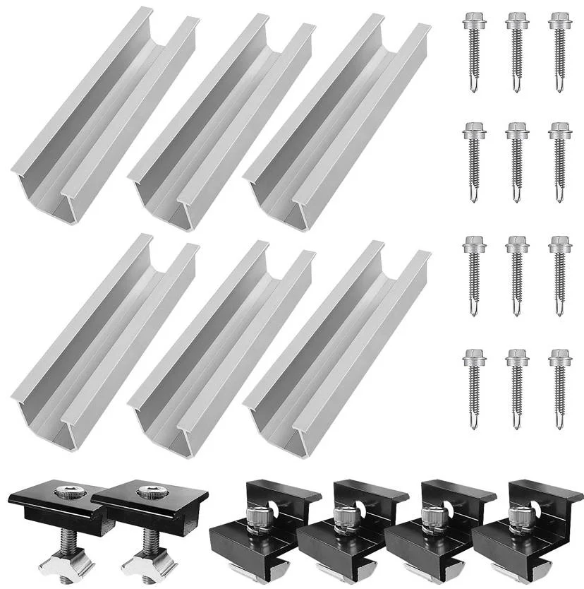 

12 шт. кронштейн для солнечной панели, алюминиевый крепежный модуль фотоэлектрической рейки, трапециевидное крепление на крышу, конец и средние зажимы для солнечной рейки