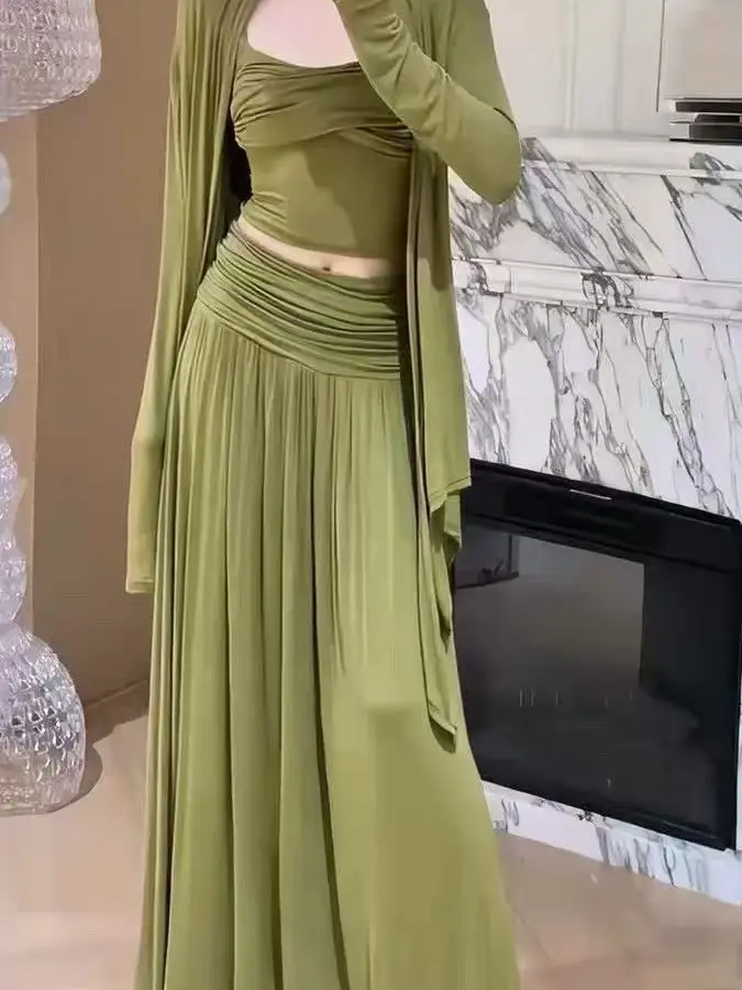 Early Autumn Women's Fashion Set Ultra Fairy Cardigan Shawl Small Vest Draping Skirt Three-piece Set Breathable High Waist