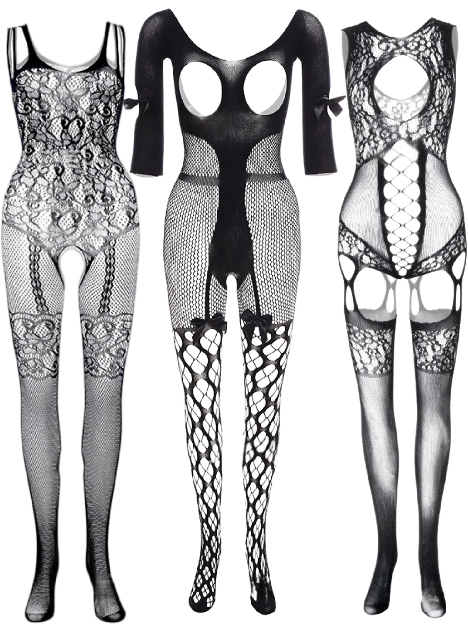Women Cutout Lace Fishnet Bodystocking Mixed Long Sleeve Spaghetti Strap Suspender Full Body Tights Stretch Sheer Mesh Hosiery