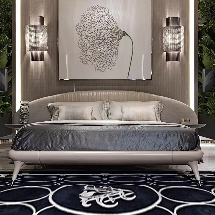 yp-Modern Luxury Furniture Wholesale Wooden Platform Bed with Ottoman Models king Size Light Grey Wooden Frame Fabric Bed-
