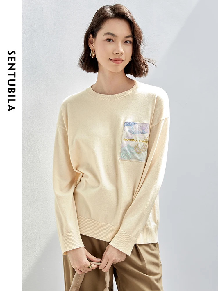 SENTUBILA Oil Painting Pasting Cloth Knit Pullover for Women 2024 Autumn Casual Loose Embroidery Simple Women Top W43H56595