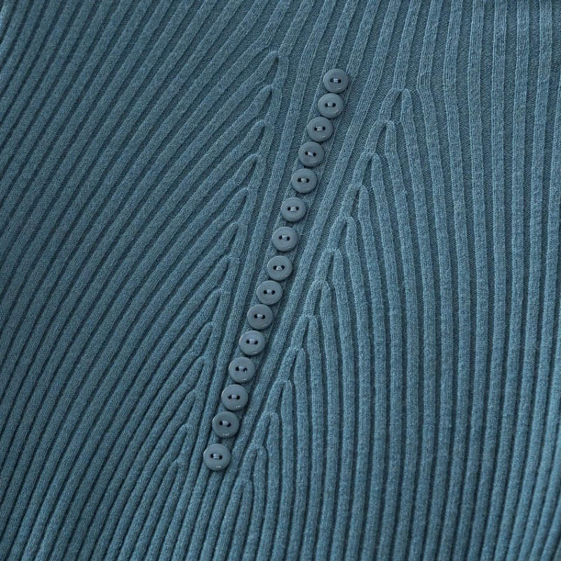 Jerséis de cuello alto para mujer, jersey de otoño e invierno, Top básico de punto, moda de Color sólido con botón, suéter de manga larga para mujer