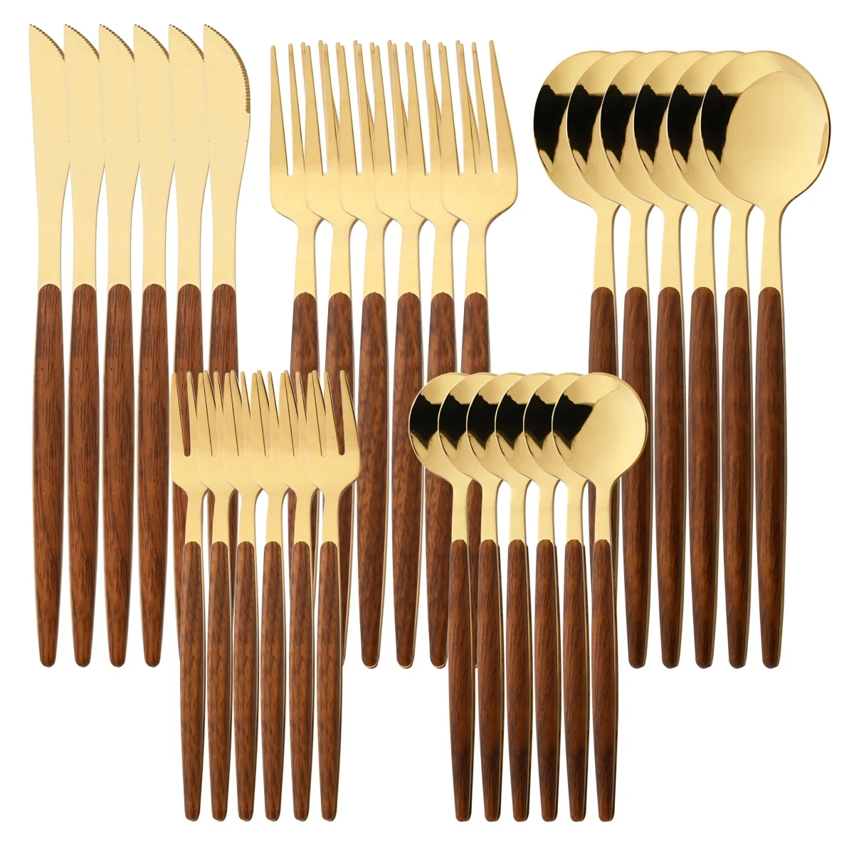 6/30Pcs Imitation Wooden Handle Dinnerware Set Knife Cake Fork Coffee Spoons Tableware Stainless Steel Cutlery Western Flatware