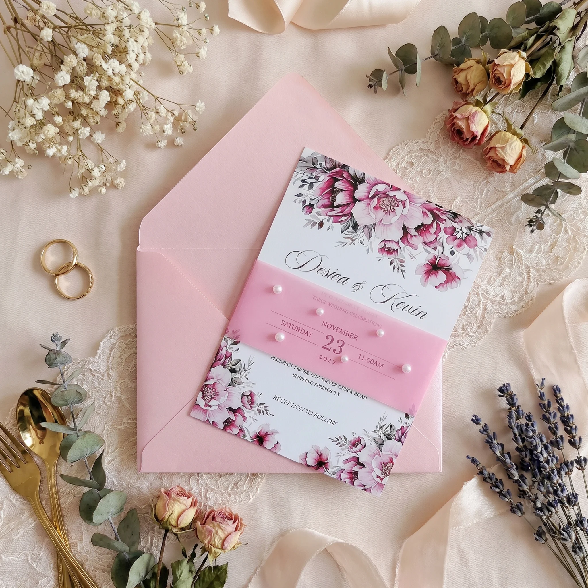 

Unique Personalised Custom Wedding Invitation Sets Featuring Envelopes, Exquisite Pearl Wax Seals and Graceful Vellum Paper Sash
