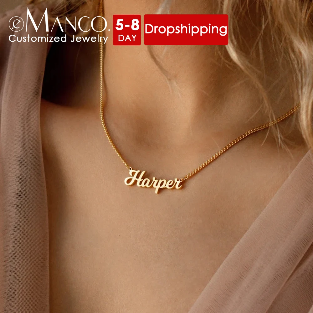 eManco Stainless Steel Name Necklace Customized Fashion  Personalized Letter Gold Color Choker Necklace Pendant Nameplate Gift