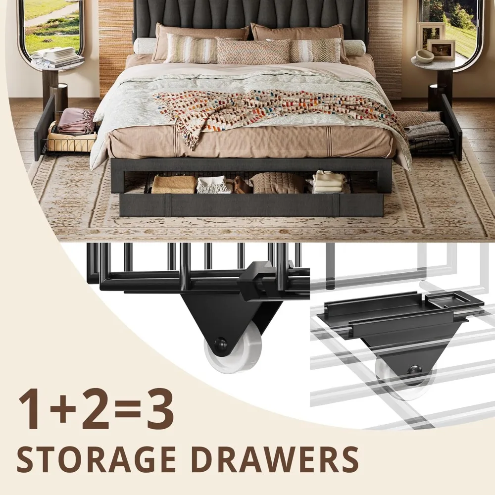 King Size Bed Frame with Storage Headboard and Charging Station, Upholstered Platform Bed with 3 Drawers, No Box Spring Needed image 4