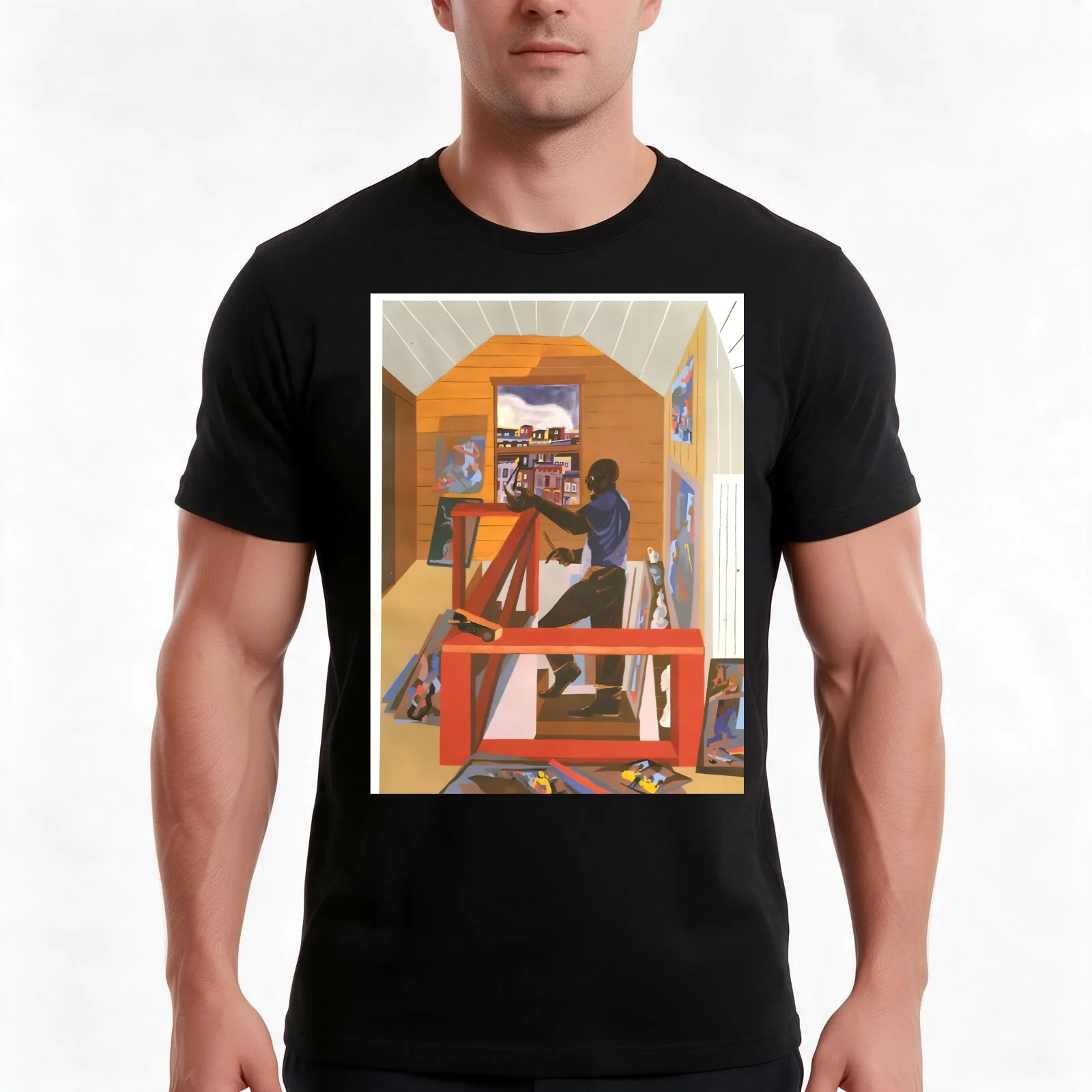 Jacob Lawrence T-Shirt, Summer Casual Cotton Tee, Oversized Streetwear Tops, Vintage Graphic Print, Loose Fit Short Sleeve