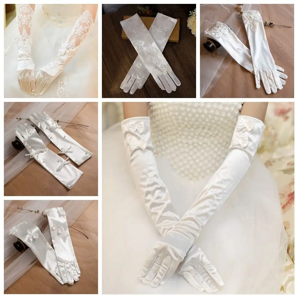 Fashion White Satin Long Gloves Vintage Sweet Wedding Bridal Gloves Elastic Lace Long Finger Mittens Lady