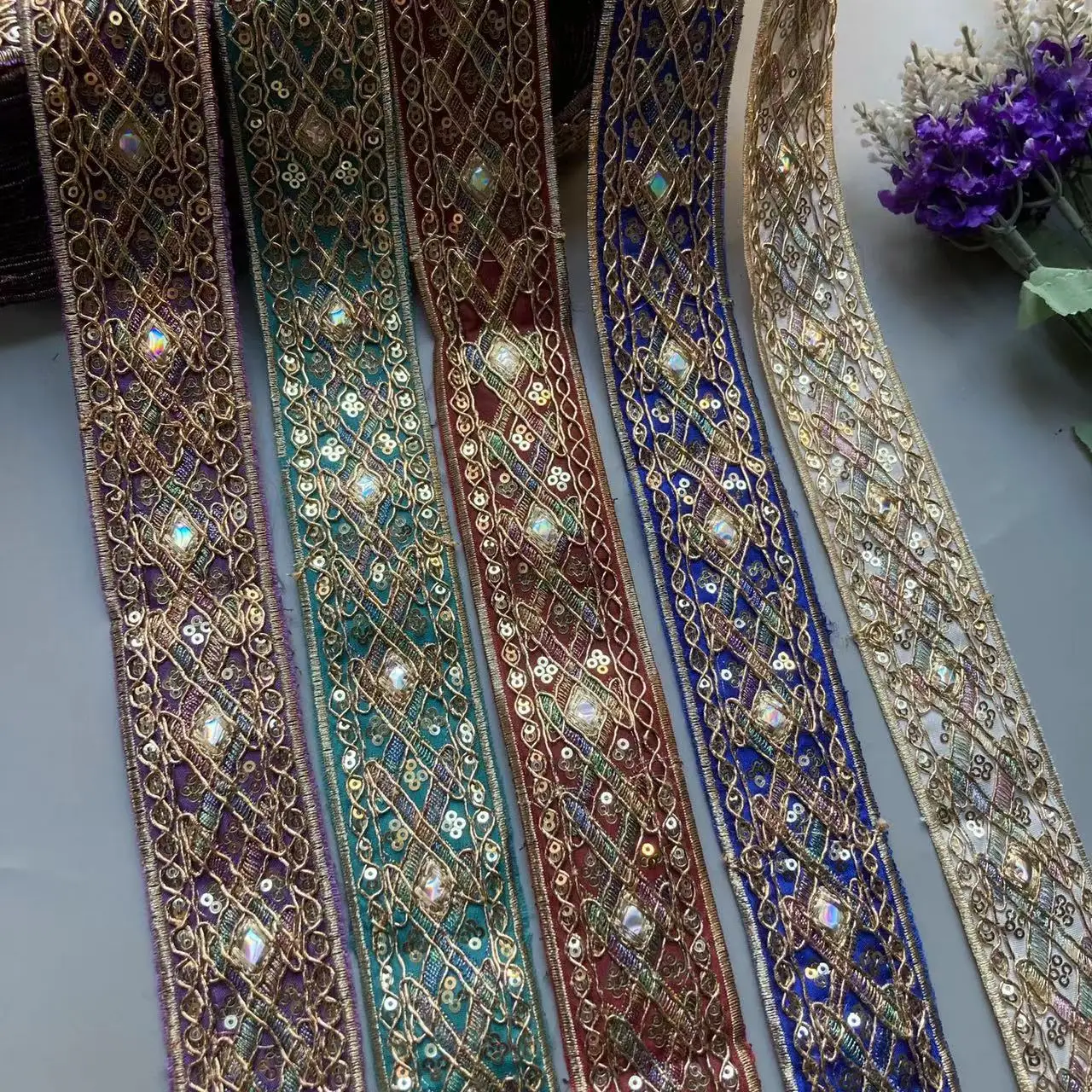 1 Yards Sequin Lace Trims Floral Ribbon Ethnic  DIY Sewing Material for Accessories Dress Fabric Decoration