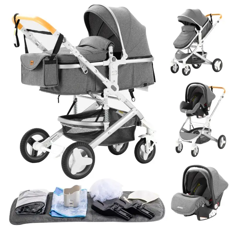 3-in-1 Babywandelwagen met autostoeltje en slaapmandje, lichtgewicht kinderwagen, multifunctionele babybuggy, compacte vouwwagen