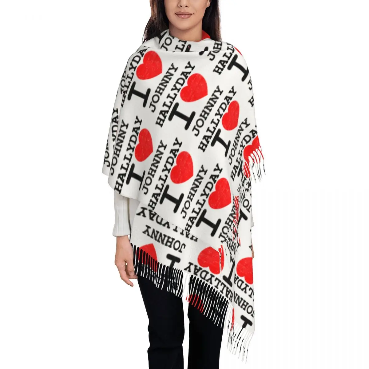 Womens Scarf with Tassel I Love Johnny Hallyday Long Soft Warm Shawl Wrap French Singer Daily Wear Cashmere Scarf