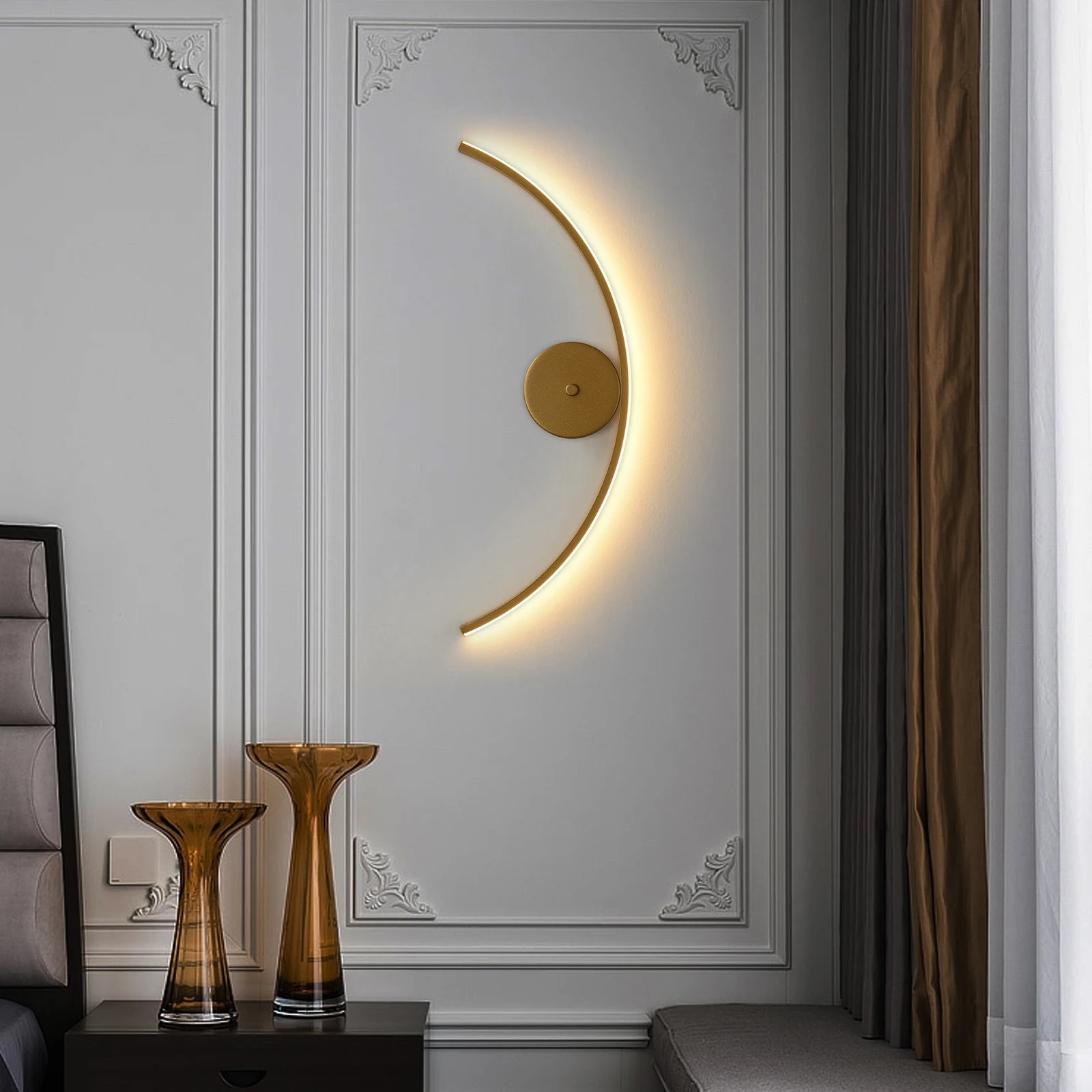 Luminária de parede led linear de metal dourado, lâmpada montada na parede, 3 cores, interior, iluminação circular, lâmpada de parede