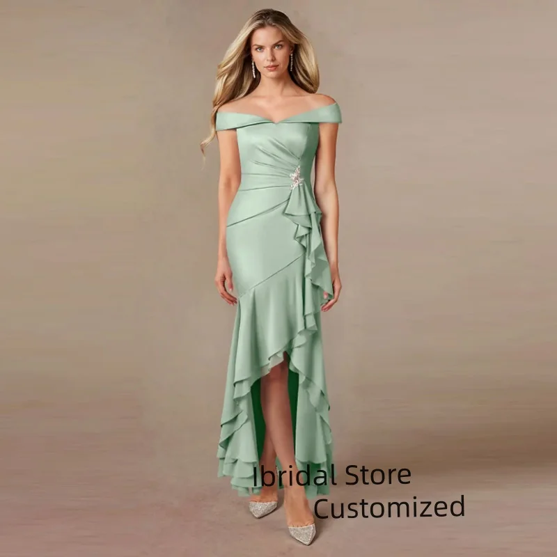 Customized Elegant  Ruffles Mother of the Bride Dress Classic Off the Shoulder High Low Mermaid Chiffon Robes Invitee Mariage