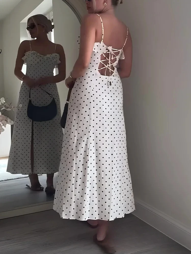 KONDALA Dolce Romantico Donna Cami Dress Polka Dot Stampa Backless Lace-Up Increspato Abito con spacco Moda Estate 2025 Abito da vacanza
