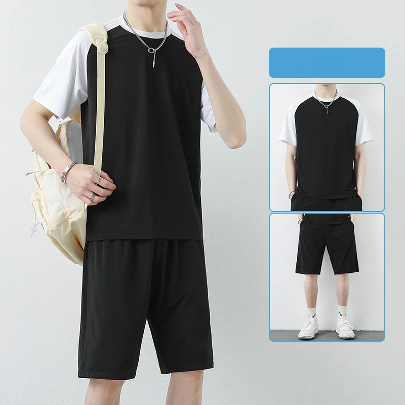 Fashion O-Neck Spliced Loose All-match Short Sleeve Men\'s Sets 2024 Summer New Oversized Elastic High Waist Shorts Casual Sets