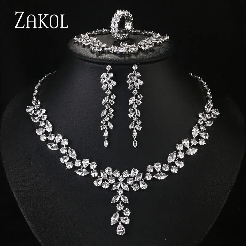 ZAKOL Classic Water Drop Necklace Earrings Set for Women Shinny Leaf Cubic Zircon Jewelry Sets Lady Party Wedding Accessories