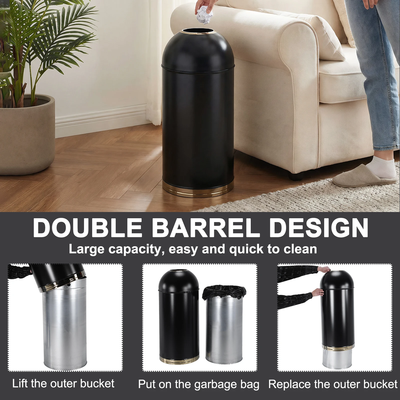 

58L Metal Garbage Bin with Removable Inner Bucket Heavy-Duty Metal Garbage Cans Suitable for Hotels Restaurants and Coffee Shops