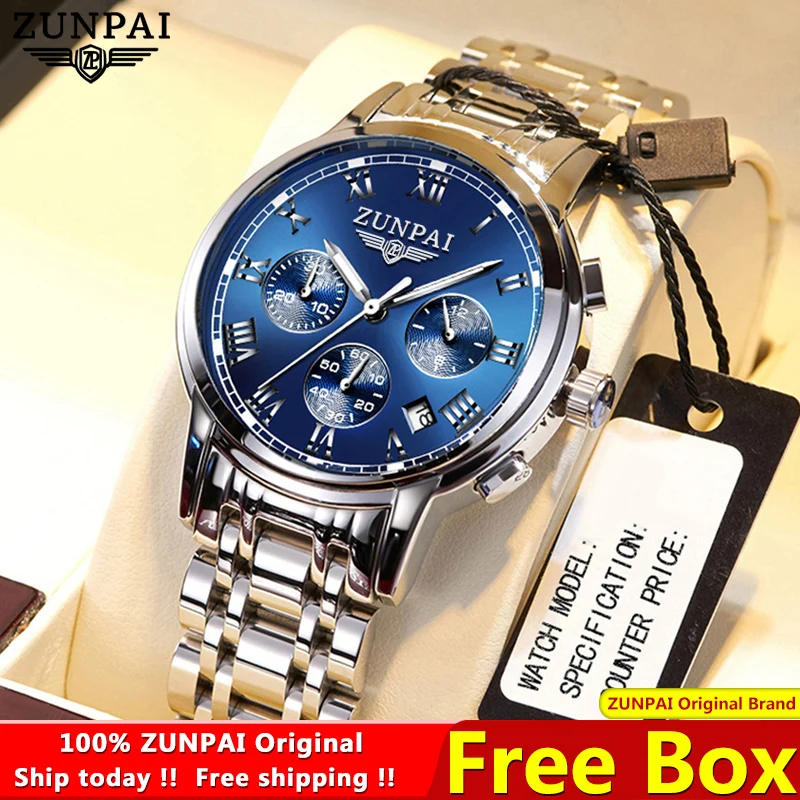 ZUNPAI Original Watch for Men's Waterproof Stainless Steel Quartz Analog Multifunction Chronograph Fashion Business Wristwatch