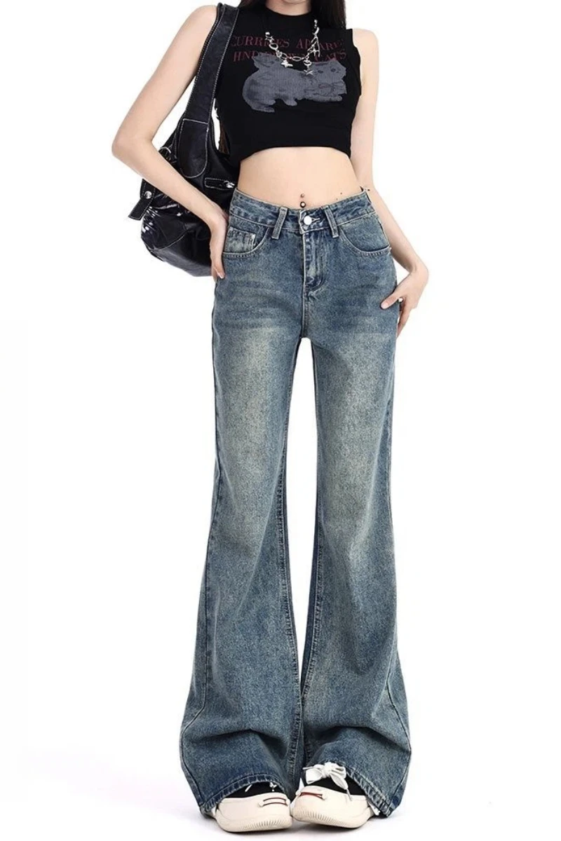 

Женские джинсы-клеш в корейском винтажном стиле, с высокой талией, свободные, прямые, широкие, из денима, весна 2026, новая коллекция Y2K