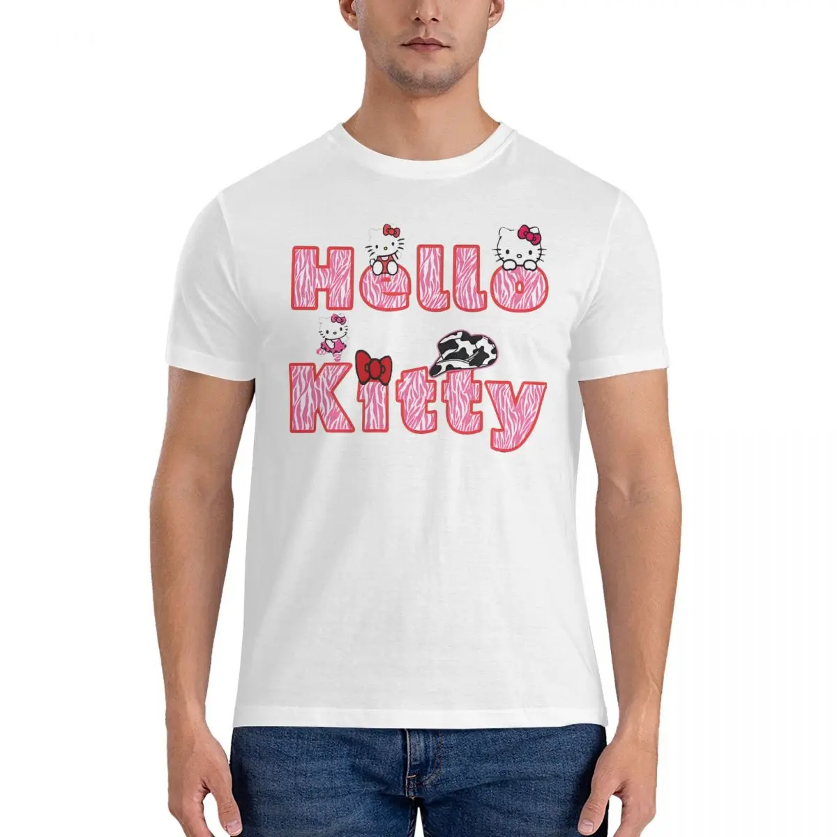

Мужские хлопковые футболки с рисунком Hello Kitty, повседневные футболки с коротким рукавом и круглым вырезом, футболки с графическим принтом