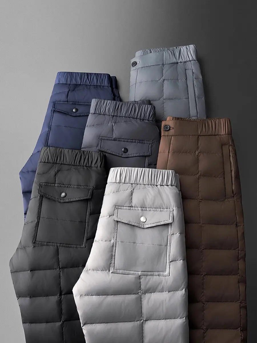 Winter light and warm thick white duck down quilted grid outdoor waterproof men wear straight down pants