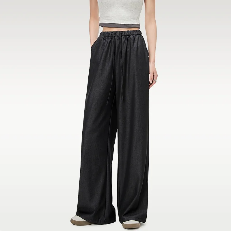Women Elastic Waist Wide Leg Pants Imitation Tencel Denim Draped Straight Casual Long Trousers For Autumn