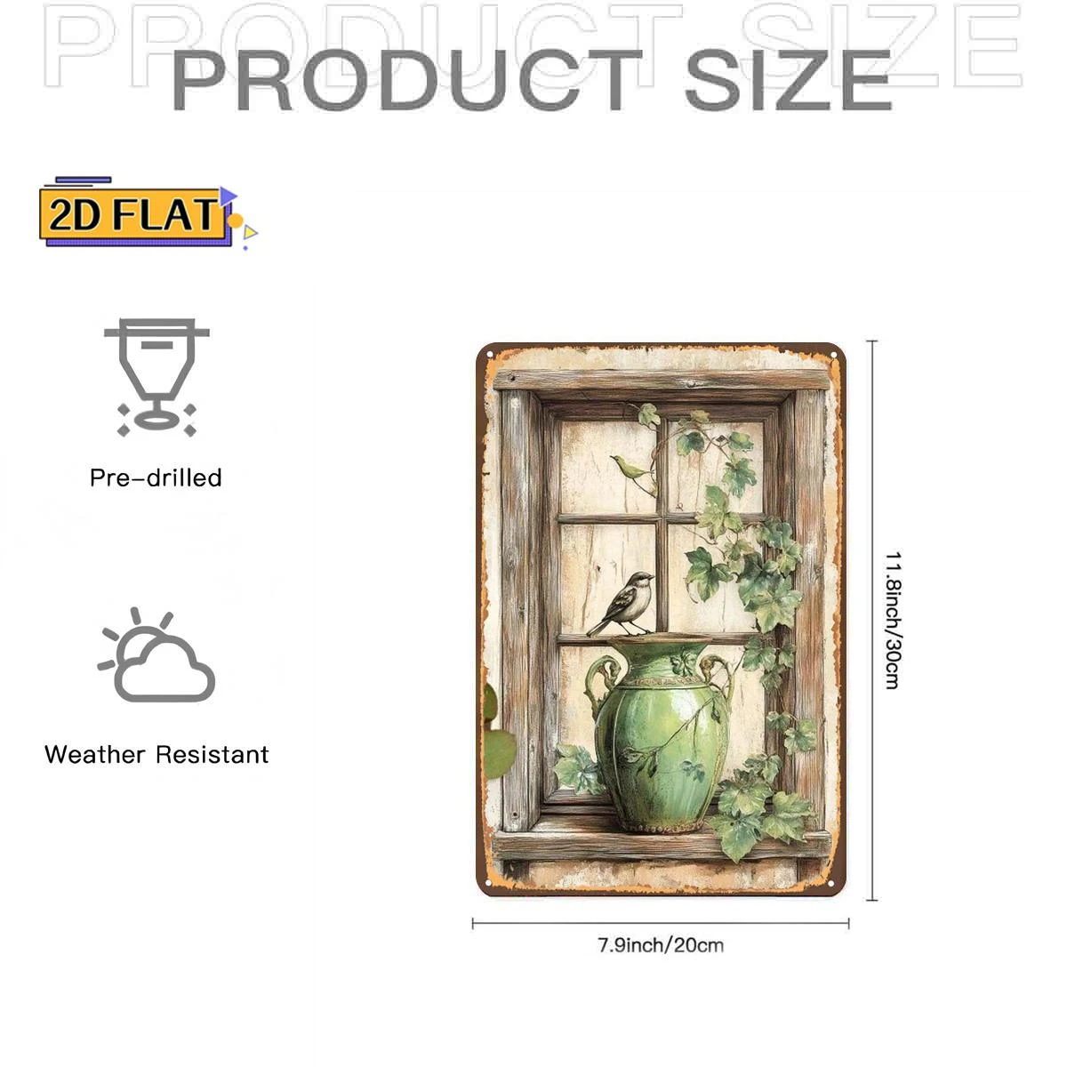 2D Flat 1pc, A Bird Perched on a Green Vase by a Rustic Window with Ivy, Metal Lron Sign, Size(8