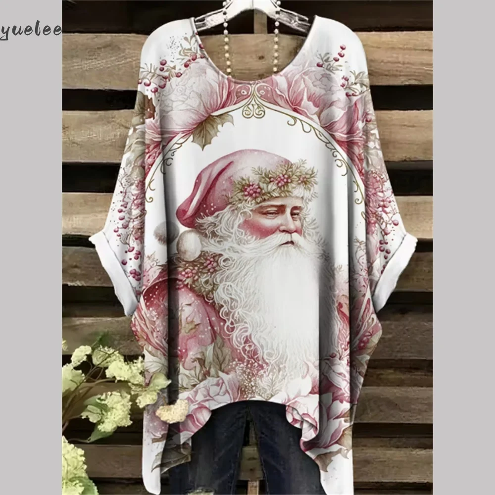 

Christmas Santa Print Red Plaid Scarf Snowman Print T-Shirt Oversized Short Sleeve Irregular Hem O-Neck Casual Women's Clothing
