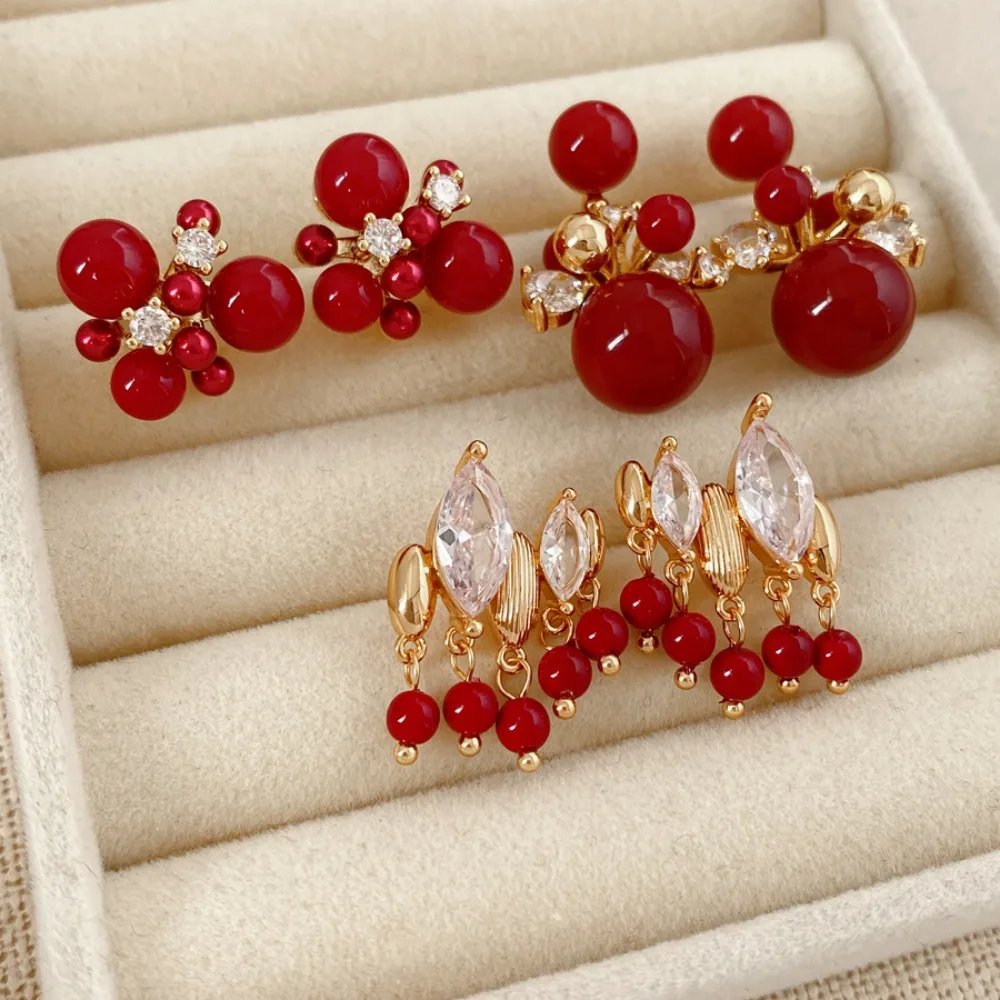 Romantic Glamorous Gold Tone Inlaid Marquise Zircon Ruby Red Bead Cluster Stud Earrings for Women Festival Wedding Jewelry Gift