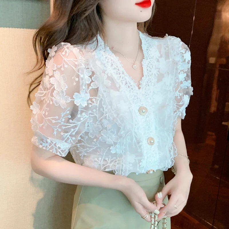 Elegant V Neck Stereo Flower Lace Chiffon Shirts Women 2023 Short Sleeve Tops Two-piece See Through Blouse Casual Sweet 27434