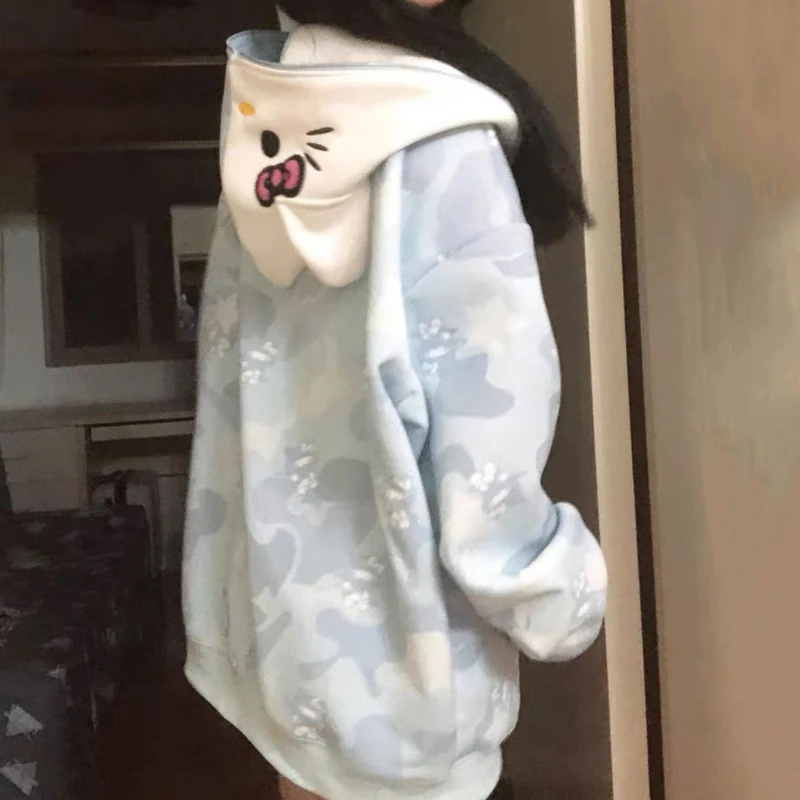 Y2k Women Cute Kawaii Cat Embroidery Zipper Sweatshirt Cardigan Jacket Hooded Coat Woman Clothing Trend Design Casual Loose Chic