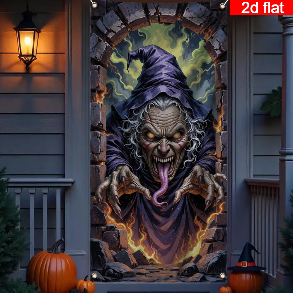طائرة ثنائية الأبعاد، لافتة باب ثنائية الأبعاد، لافتة باب كبيرة للهالوين - ساحرة الشبح، ديكور منزلي مسكون على الطراز القوطي