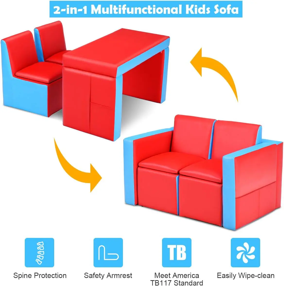 Sofá infantil 2 em 1 assento duplo para a mesa e duas cadeiras, com espaço de armazenamento, superfície pvc