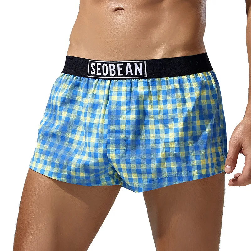 SEOBEAN 남성 속옷 홈 팬츠 코튼 편안한 체크무늬 로우 웨이스트 라운지 통기성 복서 팬츠 알로하 팬츠 240505 510086