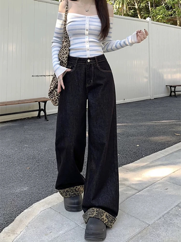 Baggy Jeans for Women Leopard Crimping Design Vintage Streetwear Cool Unisex Wide Leg Trousers Fashion American Style Versatile